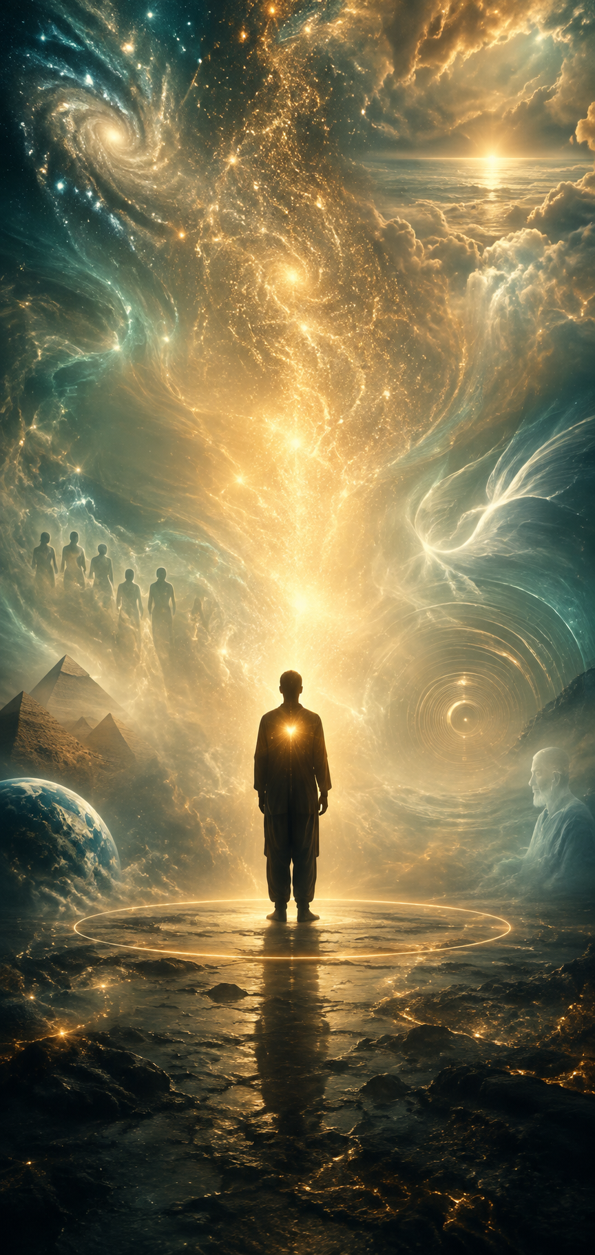 A standing human figure illuminated by a subtle field of living cosmic energy