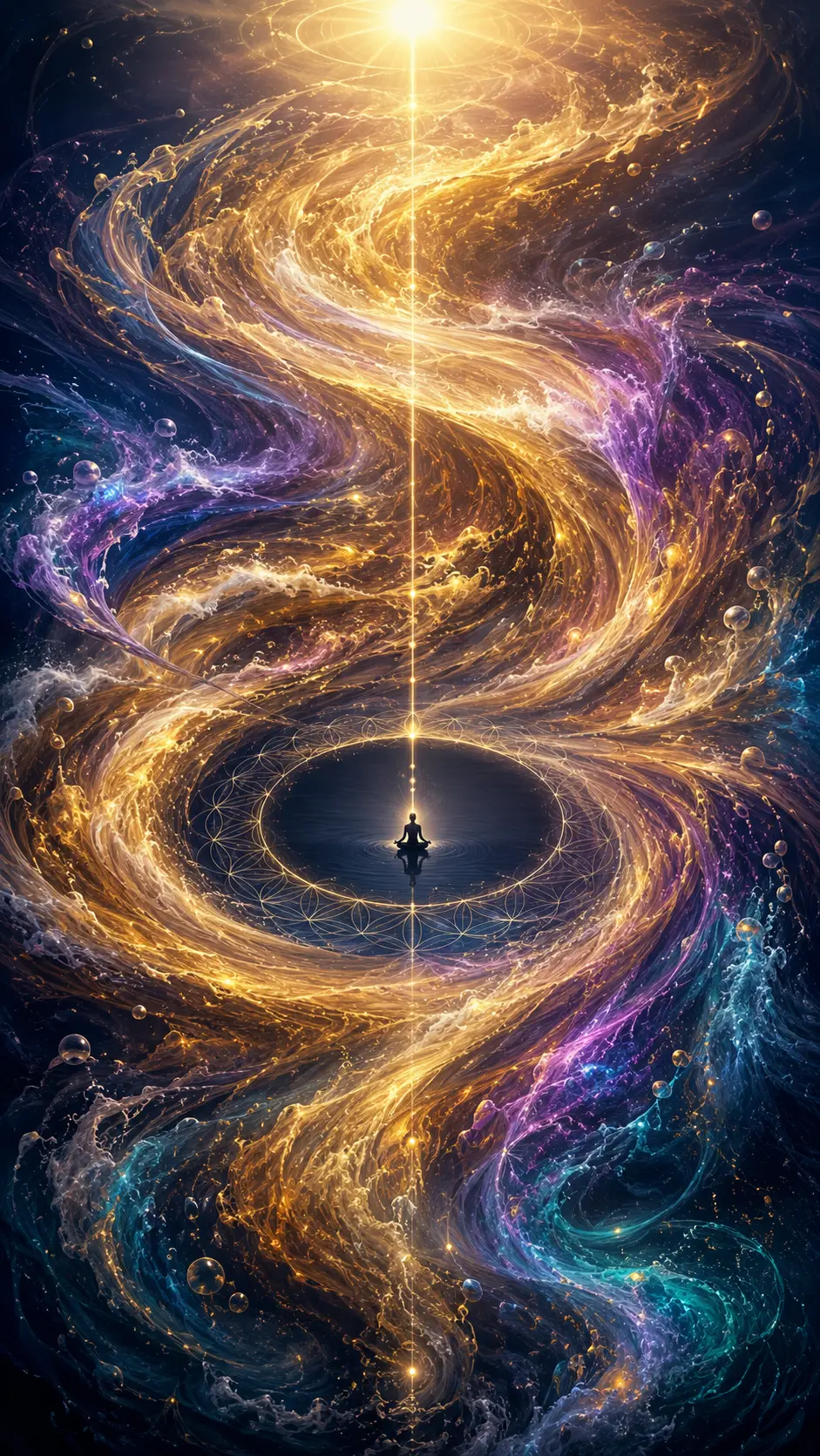 A solitary figure resting in a still center as divided streams of light return to wholeness