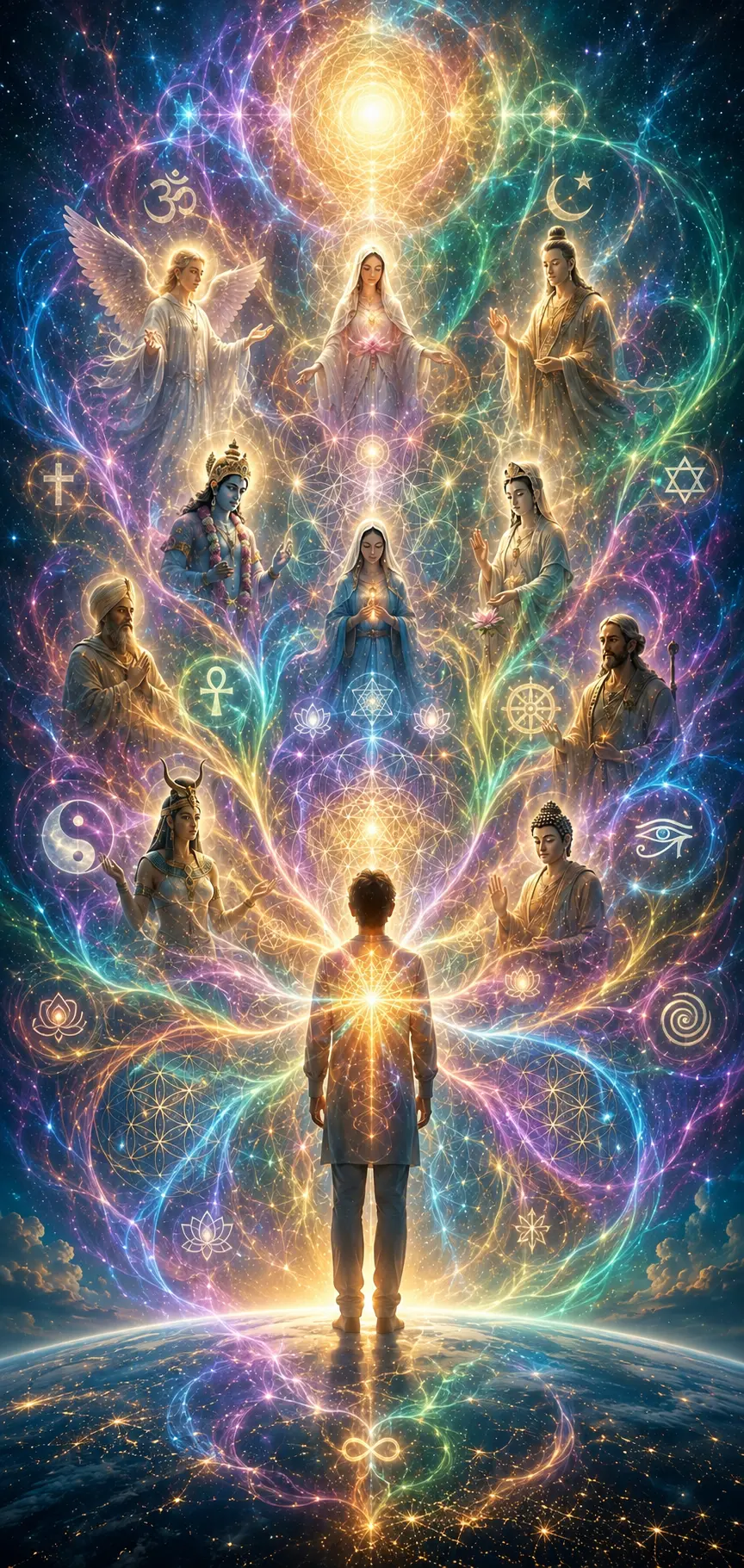 Person standing on Earth with a radiant heart of light, surrounded by luminous masters, angels and sacred symbols of many traditions woven into rainbow threads of light