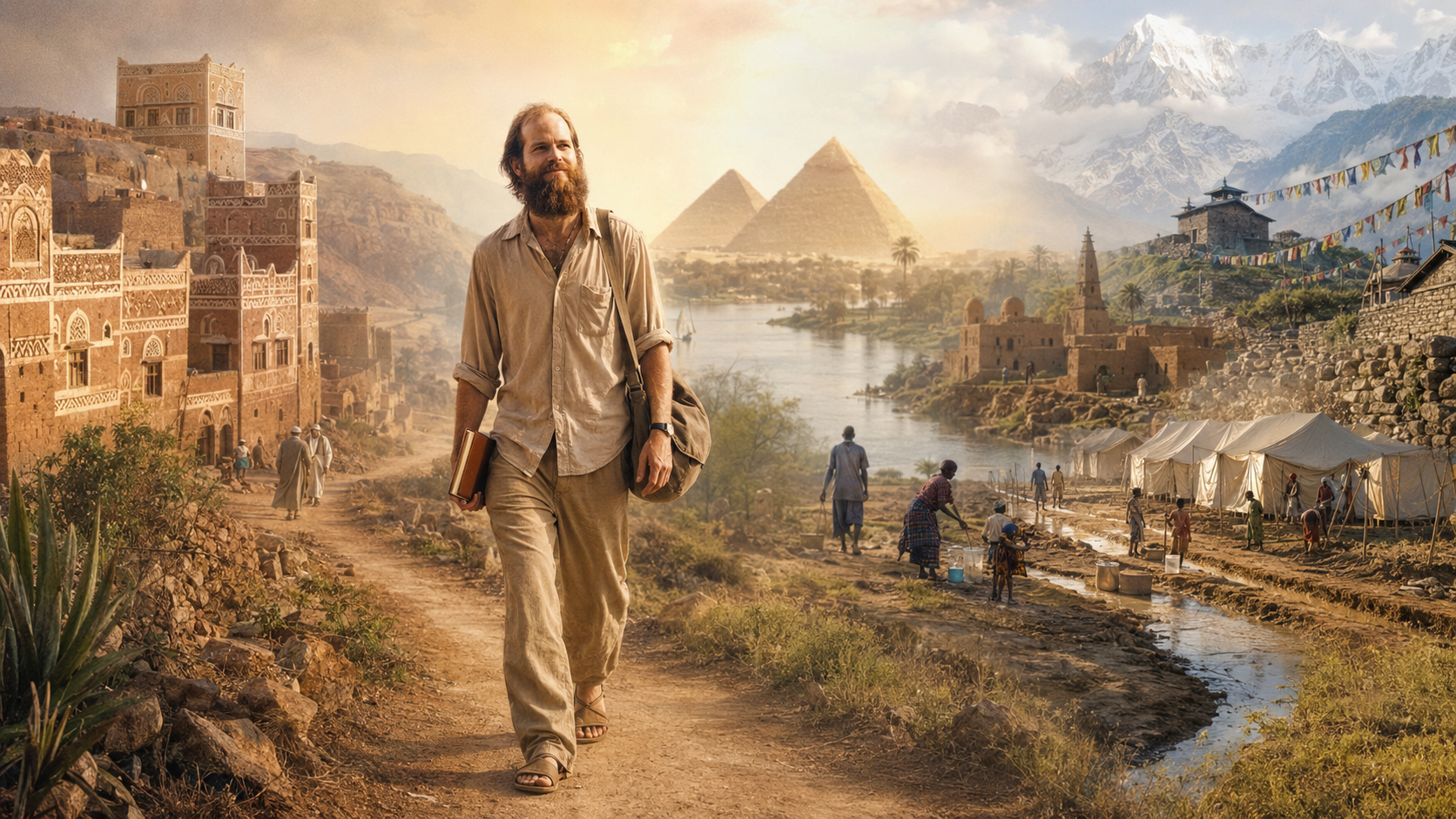 Young adult Patrick Zeigler traveling through Yemen, Egypt, Sudan, and Nepal, with historic Yemeni architecture, the Great Pyramids and Nile, an Ethiopian refugee camp in Sudan, and the Himalayan mountains blending into one journey.