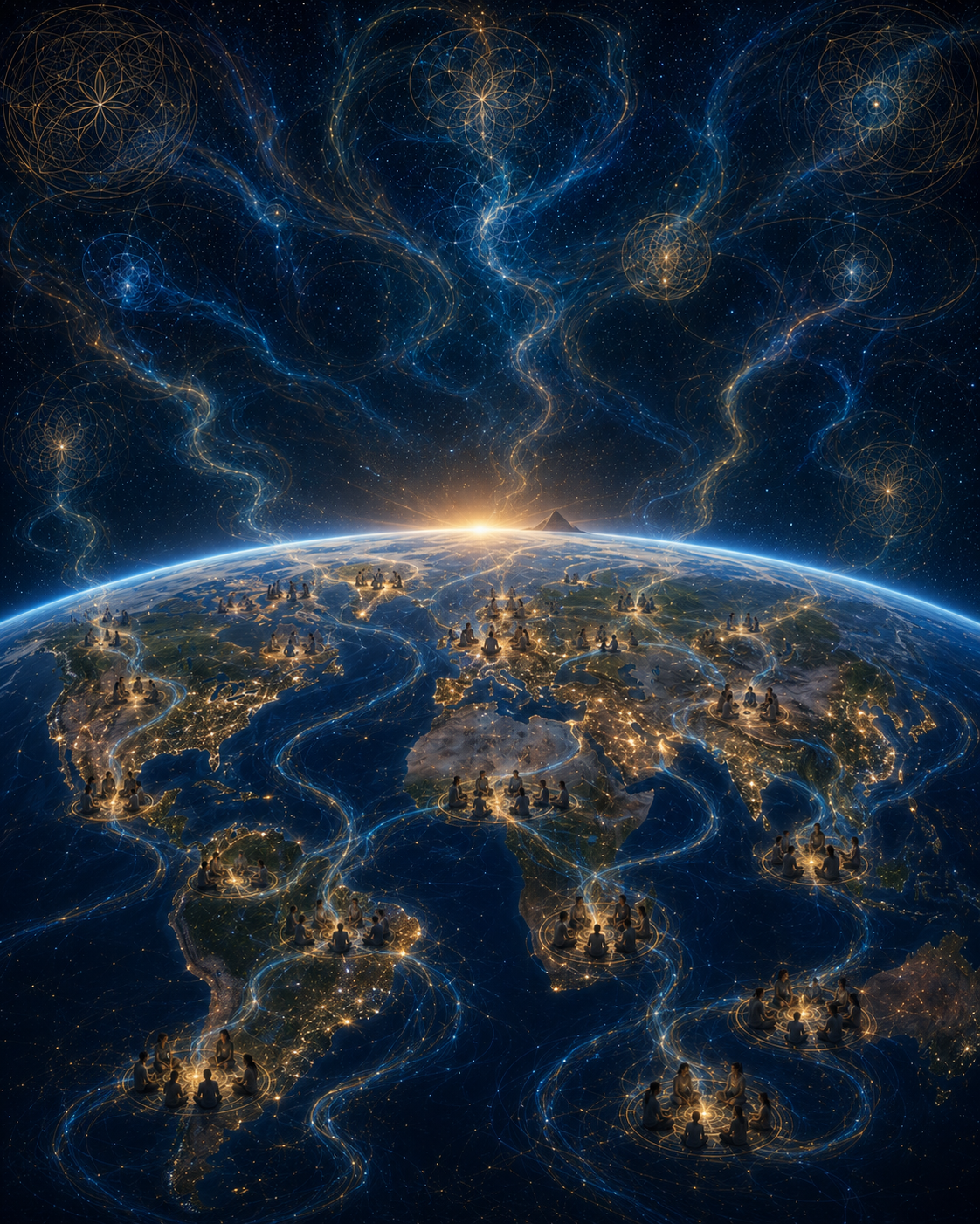 Golden light flowing from the spiritual heart outward across the living Earth