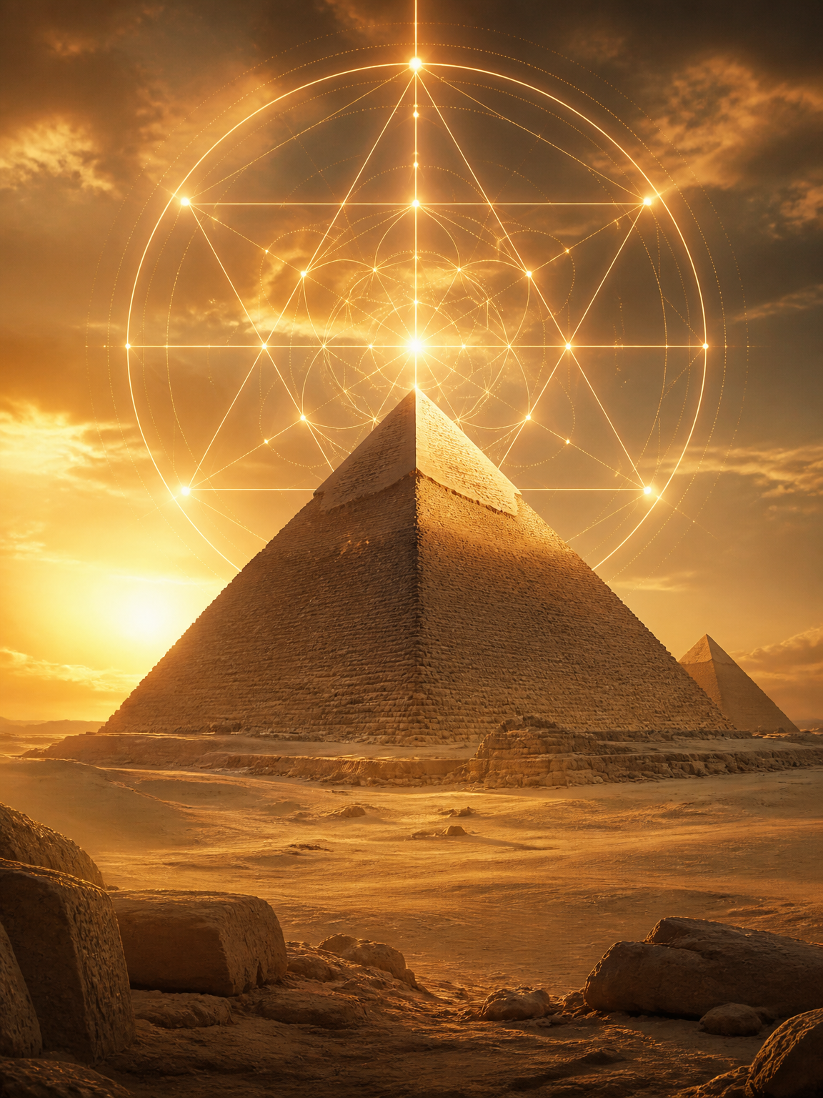 The Great Pyramid of Giza at golden hour, with luminous sacred geometry rising above the apex