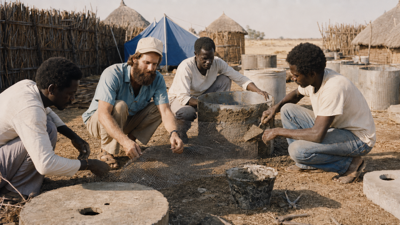 Young Patrick Zeigler and Ethiopian colleagues working together to construct a cylindrical modular sanitation unit using wire mesh, mortar, and reusable forms at a refugee camp in Sudan in 1985.