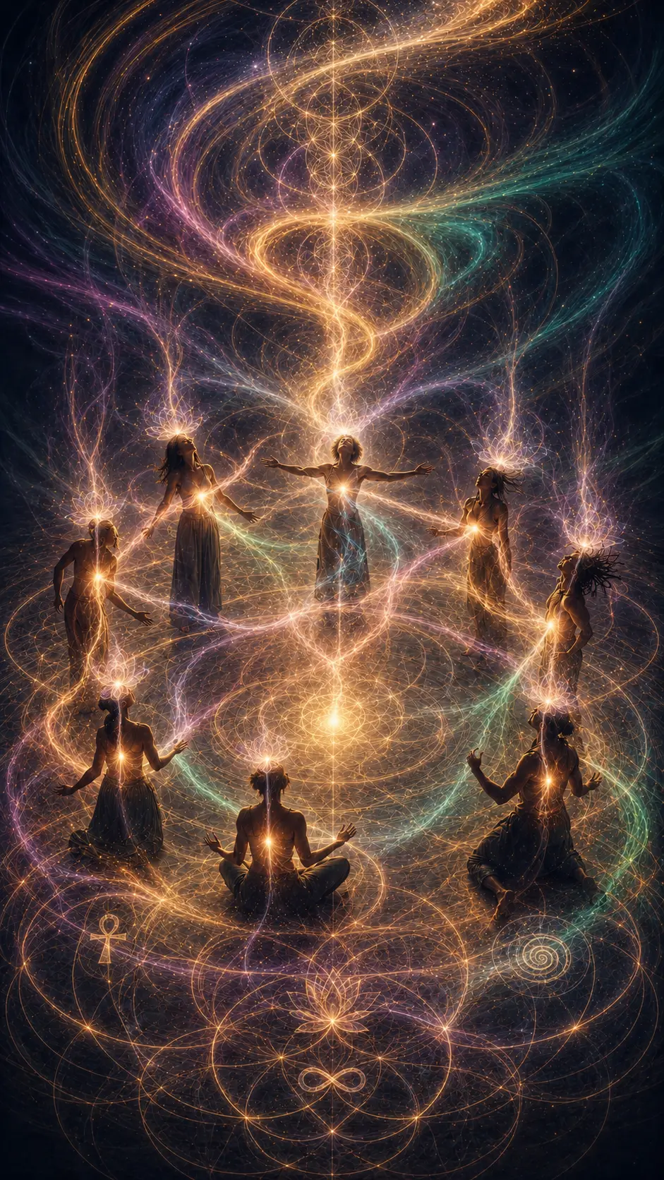 Adults seated in a sacred circle as a gentle current of golden light moves naturally among them