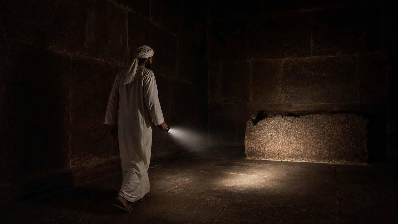 A figure in white robes and headscarf walking through the King's Chamber of the Great Pyramid, a hand-held light illuminating the granite sarcophagus in the darkness.