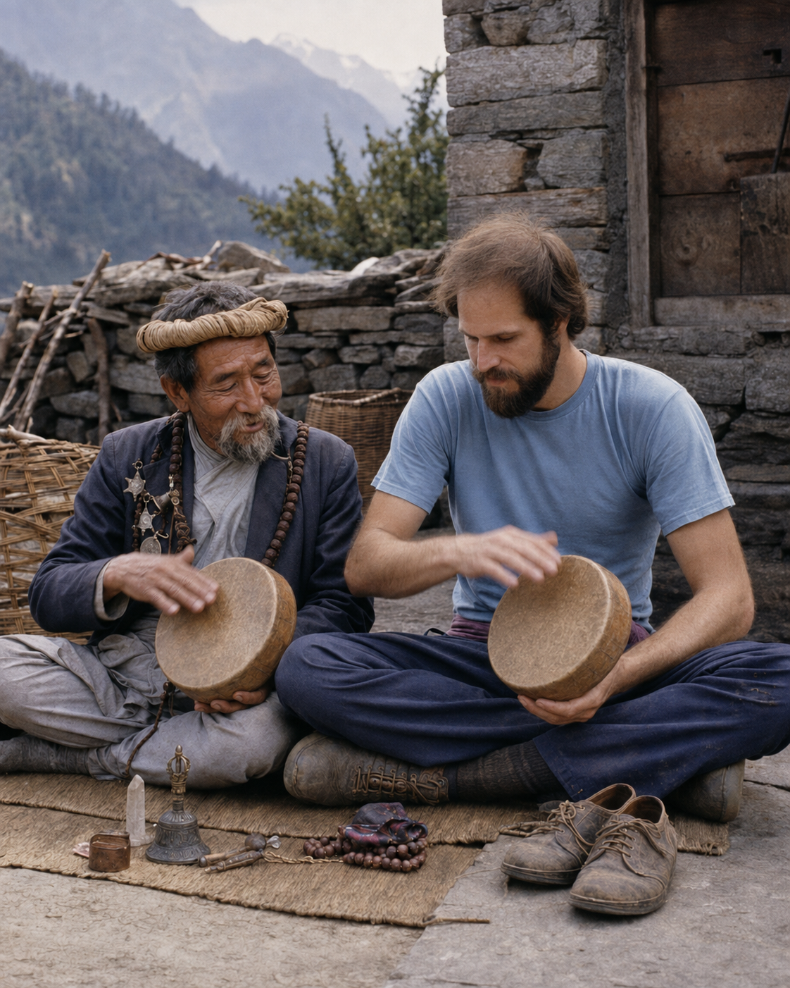 Young Patrick Zeigler practicing rhythmic movement with the Nepali shaman Bal Badur in a remote Himalayan village during Patrick's two years of Peace Corps service in Nepal.