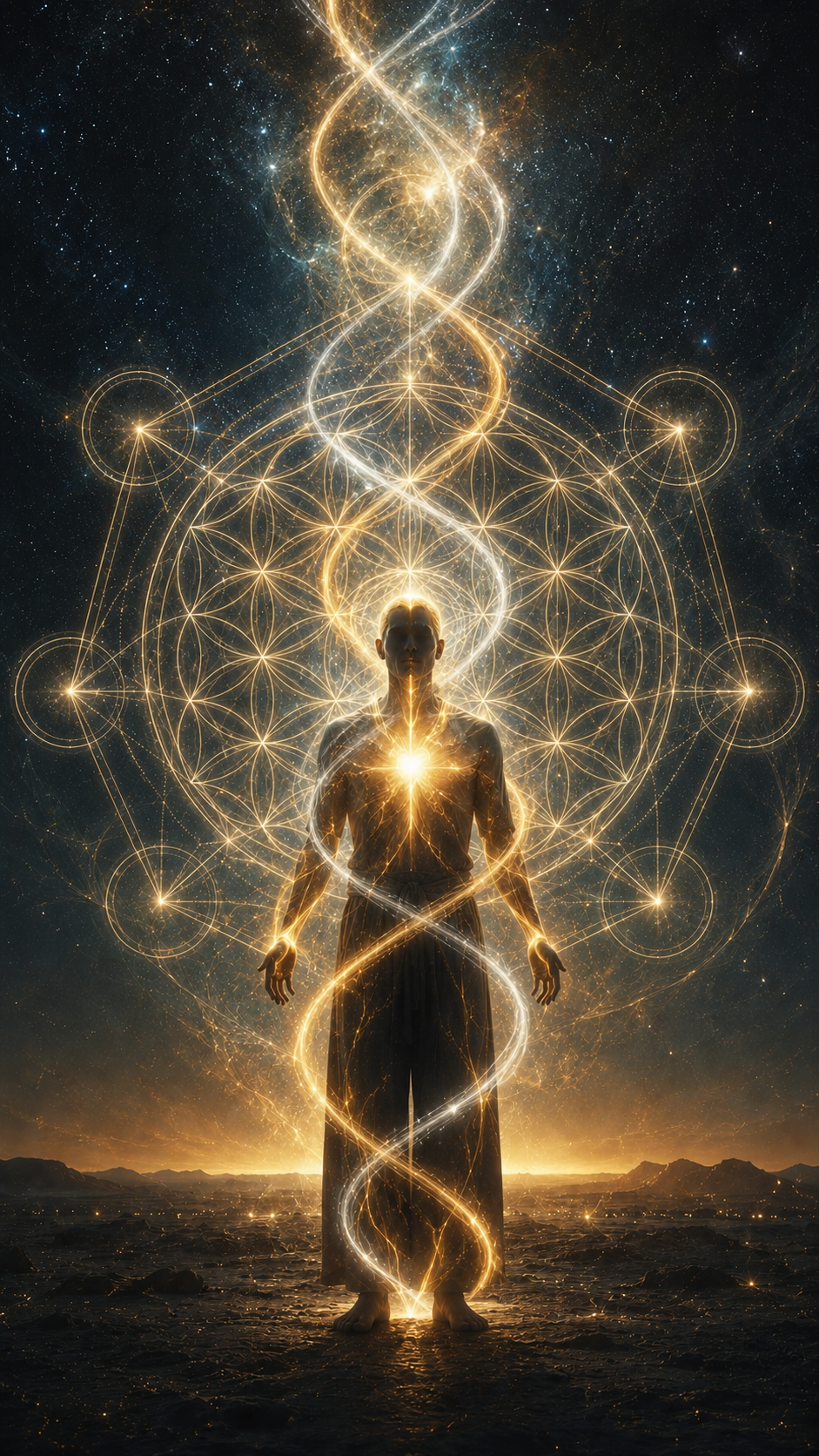 Luminous golden light flowing from a spiritual heart into a deep blue cosmic field