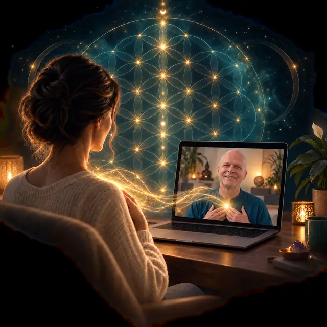 A woman meeting Patrick online as luminous golden light connects their spiritual heart centers beneath subtle sacred geometry