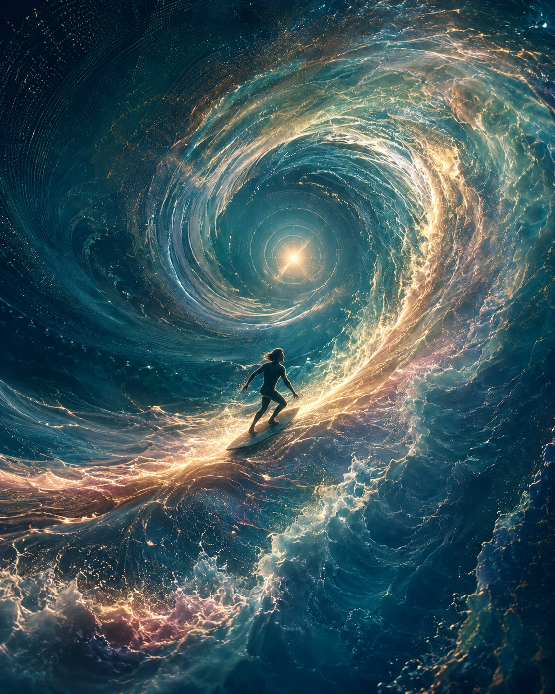 A figure riding a luminous spiraling wave of Sekhem energy toward a radiant center of Source and inner sound.