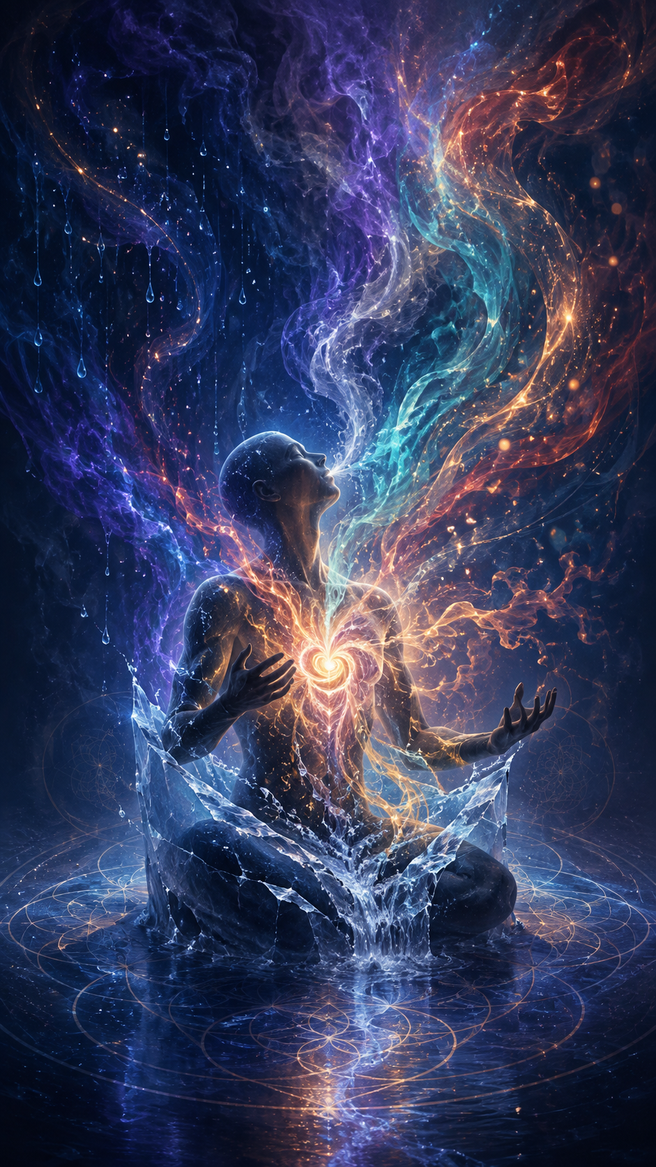 A human figure allowing waves of emotion to move and dissolve into warm light