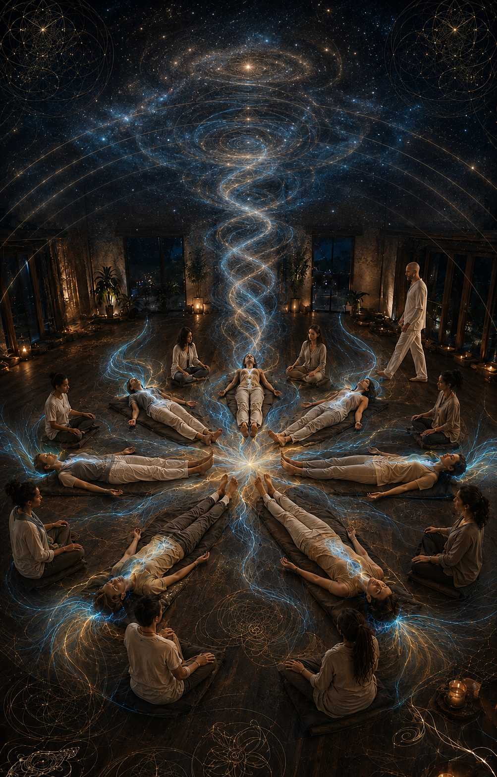 A large group practice seen from above: participants lying in a radiating circle with feet meeting at a luminous center, seated practitioners tending them, gold-and-blue Sekhem energy rising into a spiral of sacred geometry and stars.