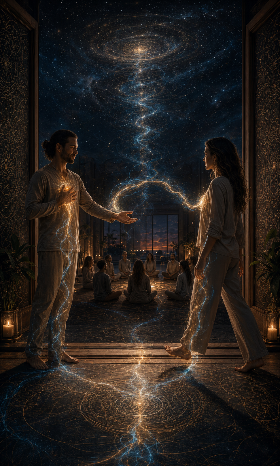 Two practitioners facing each other in a candlelit temple room, gold and blue Sekhem energy flowing between their hands and spiritual hearts while a group meditates in a circle behind them beneath a spiral of stars.