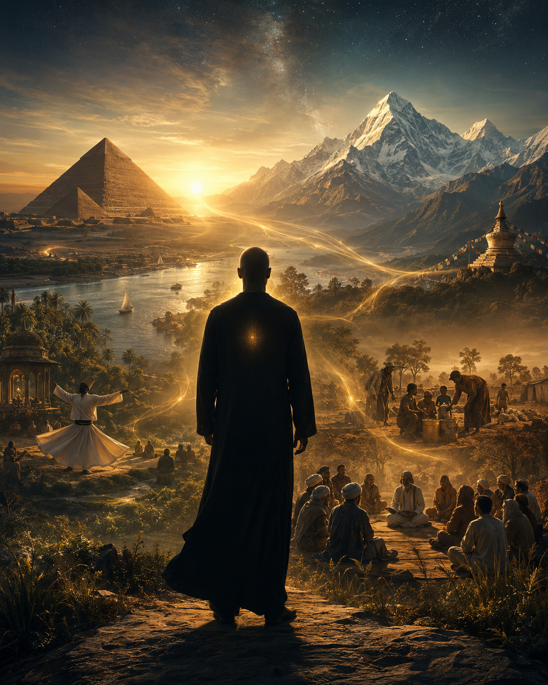 A robed figure with a light in the heart looking out over the Great Pyramid, the Nile, Himalayan peaks, a whirling dervish, a teaching circle and a refugee camp joined by threads of golden light