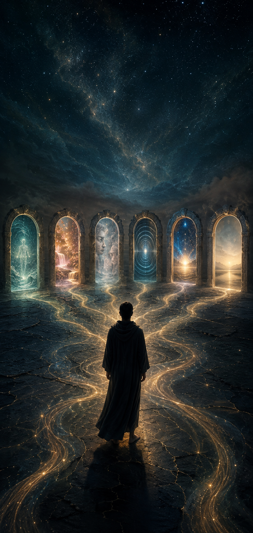 A robed figure standing before six luminous doorways, each opening into a different world, with golden paths of light flowing toward them