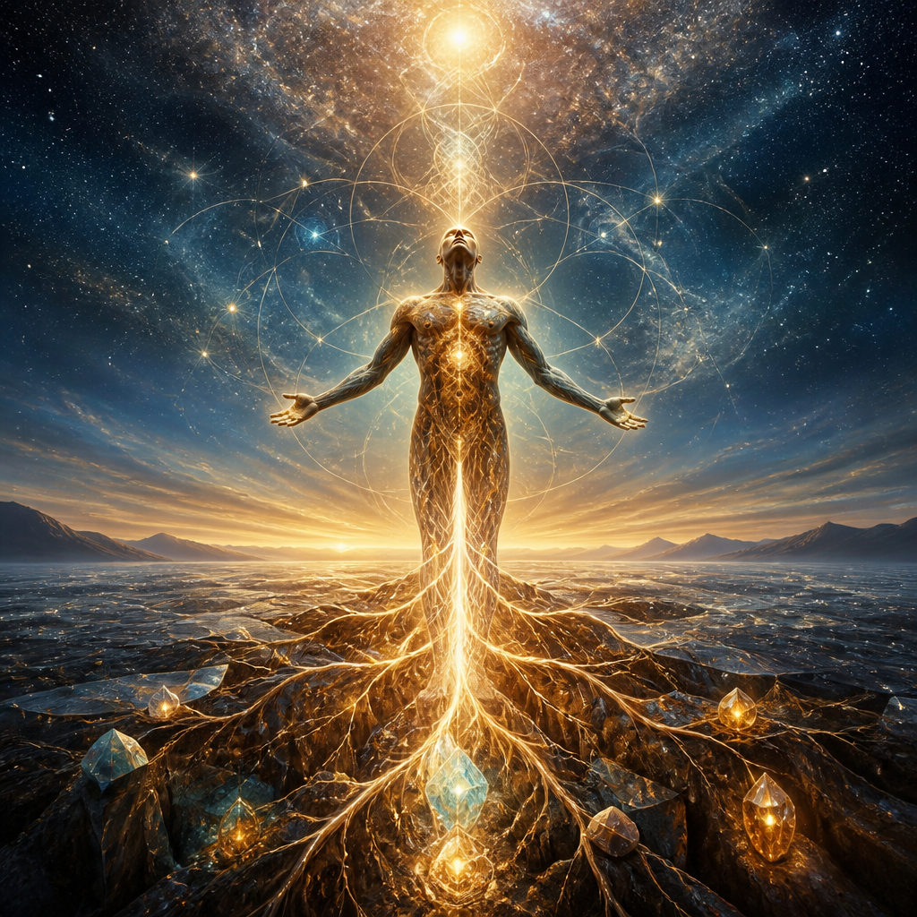 Golden light descending through a person and continuing through the feet into the Earth