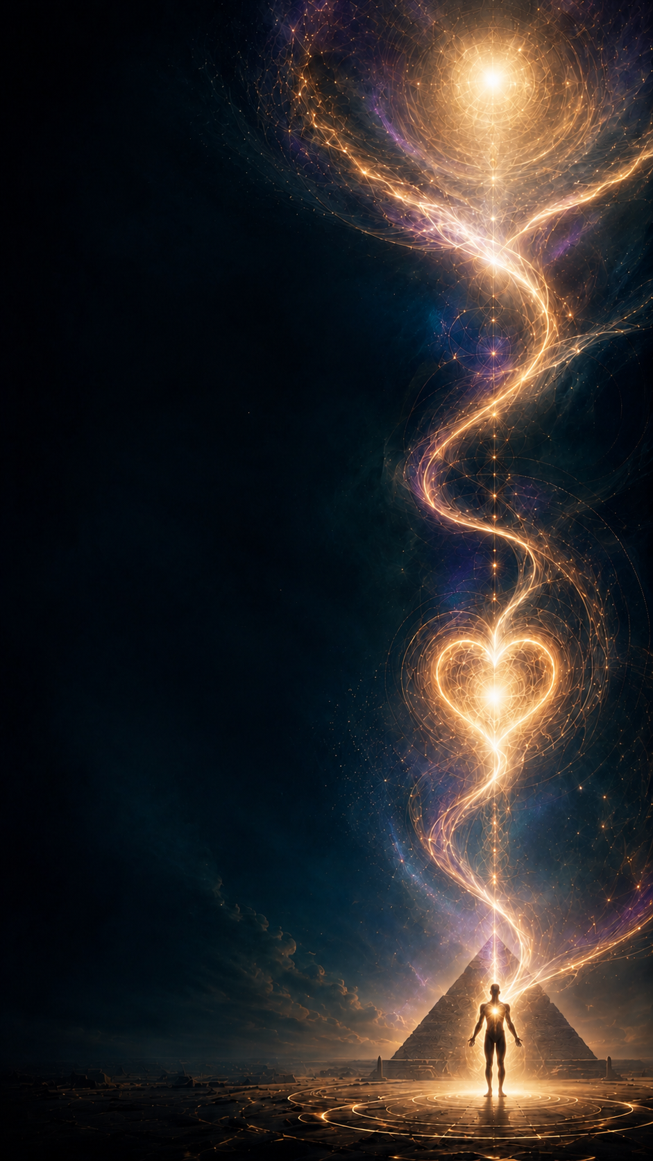 A luminous standing figure before the Great Pyramid, with a heart of light, crown connection and a living wave of golden energy rising to the Source