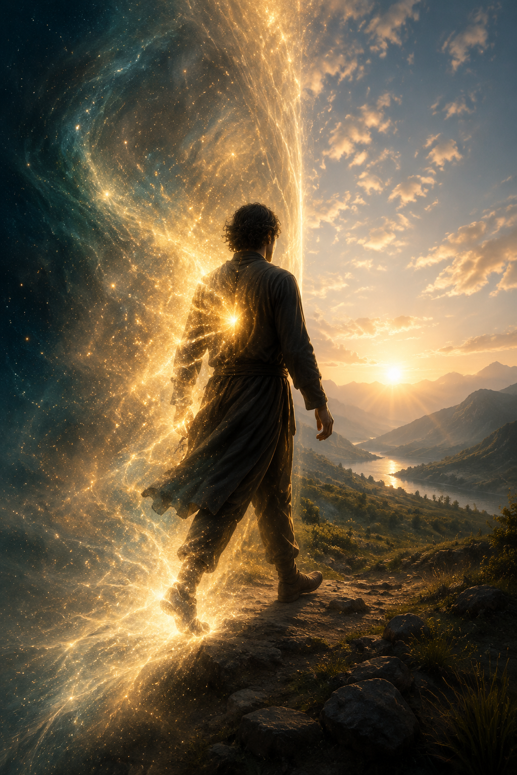 A person stepping through a curtain of golden starlight onto a sunlit mountain path above a river valley