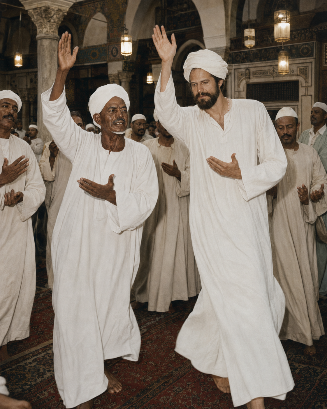 Young Patrick Zeigler and Sheikh Mohamed Osman Abduh al-Burhani moving together in synchronized Sufi zikr inside a historic mosque.