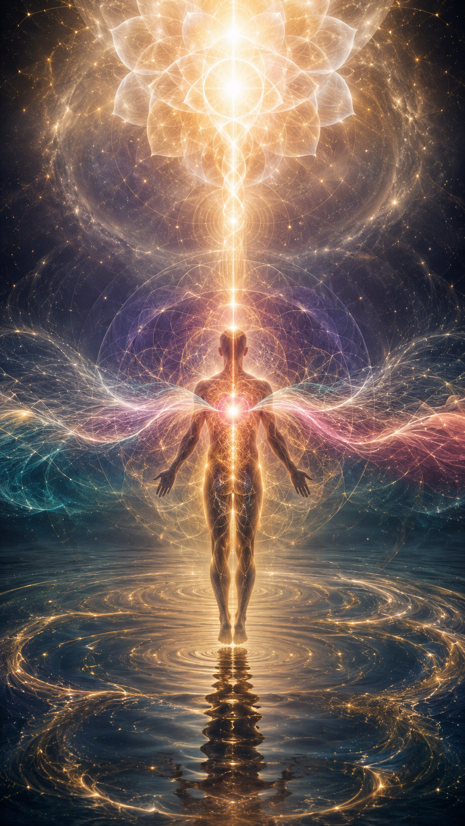 A universal silhouette suspended above a luminous ocean as Source energy opens the crown, awakens the spiritual heart and expands through the four bodies into All-Love.