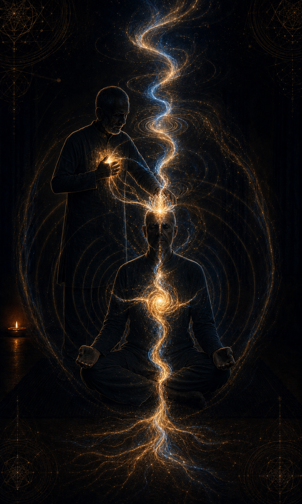 Patrick Zeigler receiving deeksha from Yogiji as flowing gold-and-blue Sound-of-the-Soul energy joins their crowns and spiritual hearts within one field of consciousness.
