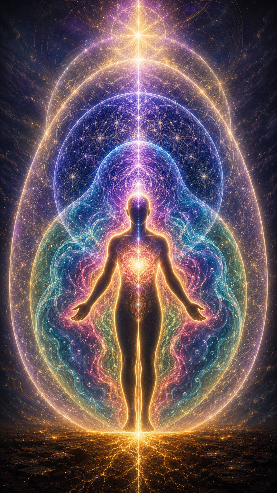 Luminous figure surrounded by four concentric fields of light