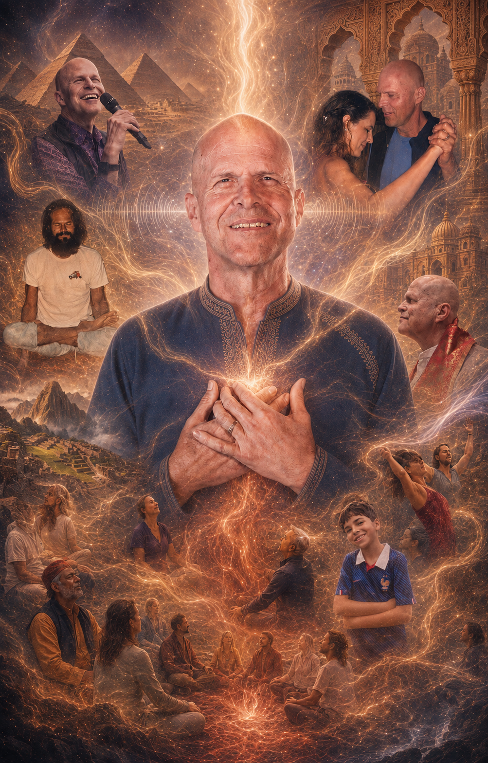Patrick Zeigler at the center of the living Sekhem All-Love field with Sirley, their son Sekhem, meditation, teaching, group practice, the Great Pyramids of Egypt, Machu Picchu in Peru, Indian architecture, and luminous energy opening through the spiritual heart.