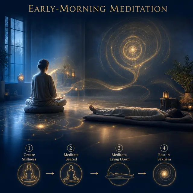 Sekhem teaching image: Seated and lying meditation postures in a deep blue early-morning space illuminated by golden light.