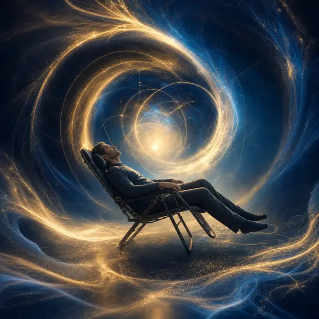 A person resting in a gravity chair within a still centre surrounded by moving light, illustrating Sekhem integration after release.