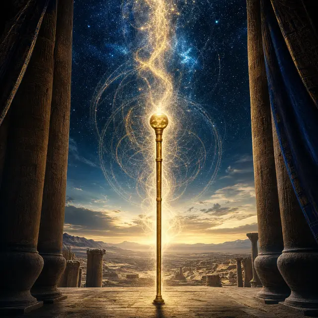 An upright scepter connecting earth and luminous heavens, representing Sekhem without a deity form.