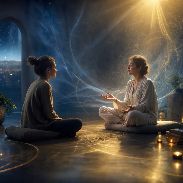 A meditator speaking with a facilitator, illustrating support during a difficult moment in Sekhem practice.