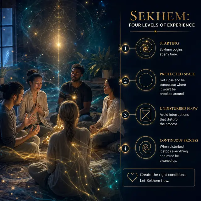 Adults in a shared Sekhem practice, showing movement, emotion and stillness within a luminous energy field.
