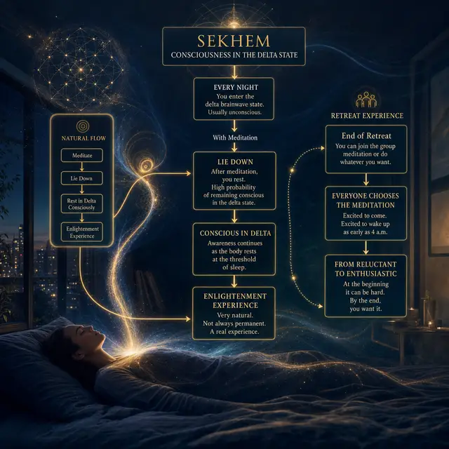 A resting adult surrounded by gold and deep blue light, evoking conscious rest after Sekhem meditation.