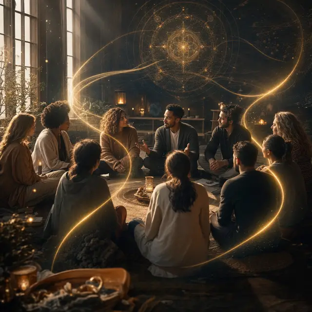 A circle sharing and listening together, with luminous currents representing the shared Sekhem practice.