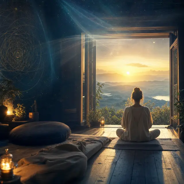 An adult awake before morning in luminous gold and blue light, ready to begin Sekhem meditation.