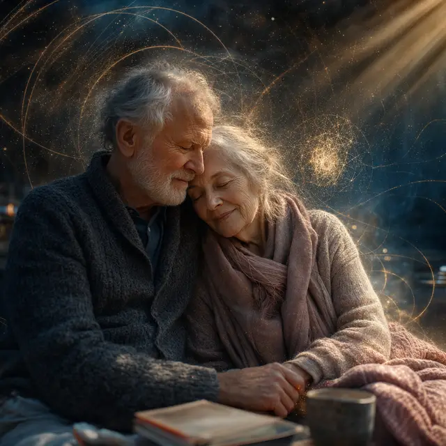 Sekhem teaching image: An elderly couple within an expansive field of light, reflecting love beyond changing physical form.