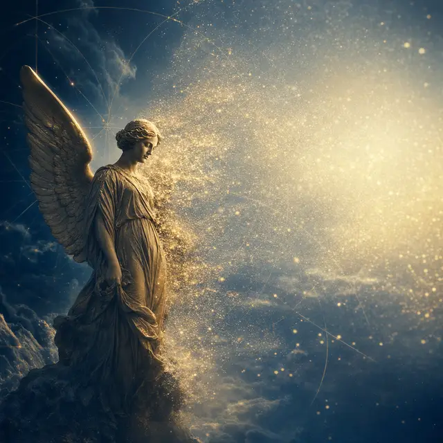 A winged angel sculpture giving way to formless light, illustrating the Sekhem teaching on spiritual form.