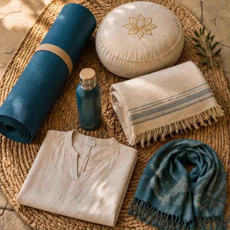 A mat, pillow, blanket, water bottle, clothing and shawl prepared for the workshop