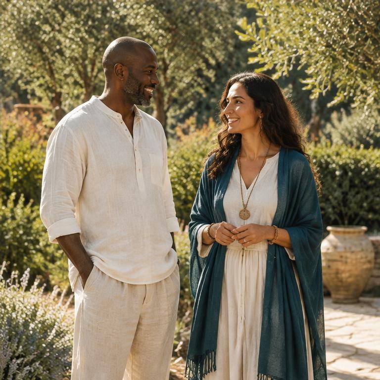 Adults in comfortable modest ivory and teal linen clothing