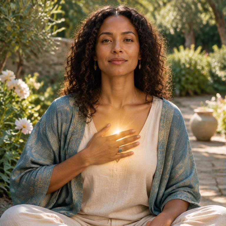 A peaceful adult with a hand near a softly illuminated spiritual heart center