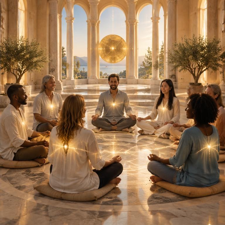 Diverse adults seated as equals in a peaceful sacred circle