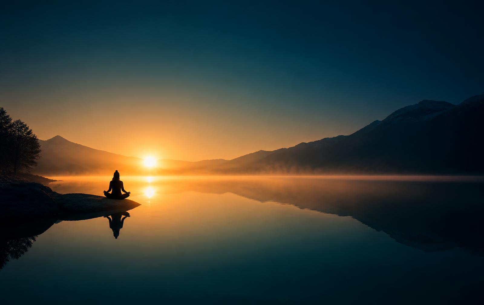 A person sitting in meditation beside still water as the sun rises over distant mountains