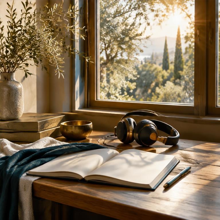 A journal and headphones beside a sunlit window