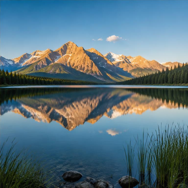 A still mountain lake reflecting a clear sky