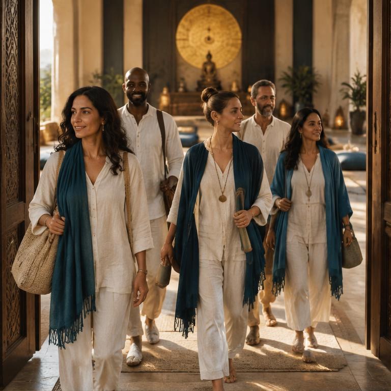 Participants arriving together in a light-filled meditation hall