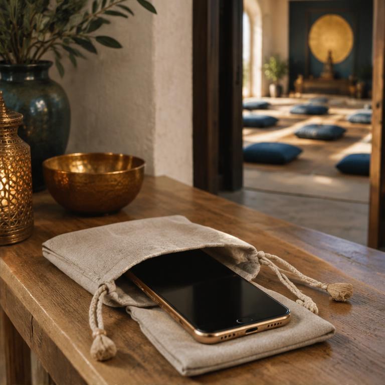 A switched-off phone in a linen pouch outside the workshop room