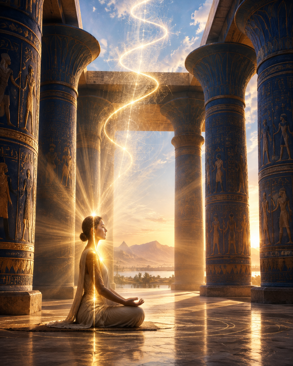 A person seated in quiet meditation among towering blue and gold temple columns as a spiral of living light rises through the heart toward the dawn sky over the Nile