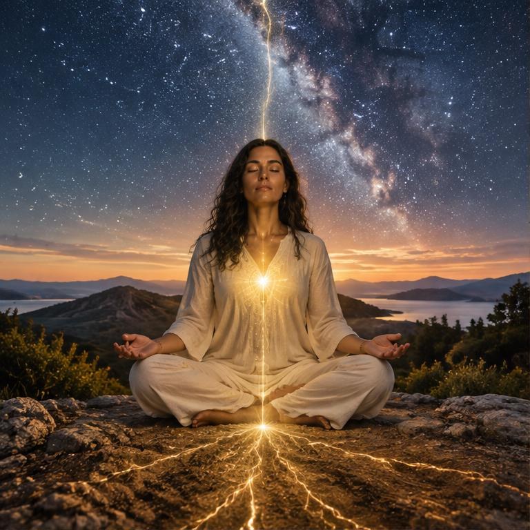 Meditation beneath a celestial sky with light connecting Heaven and Earth