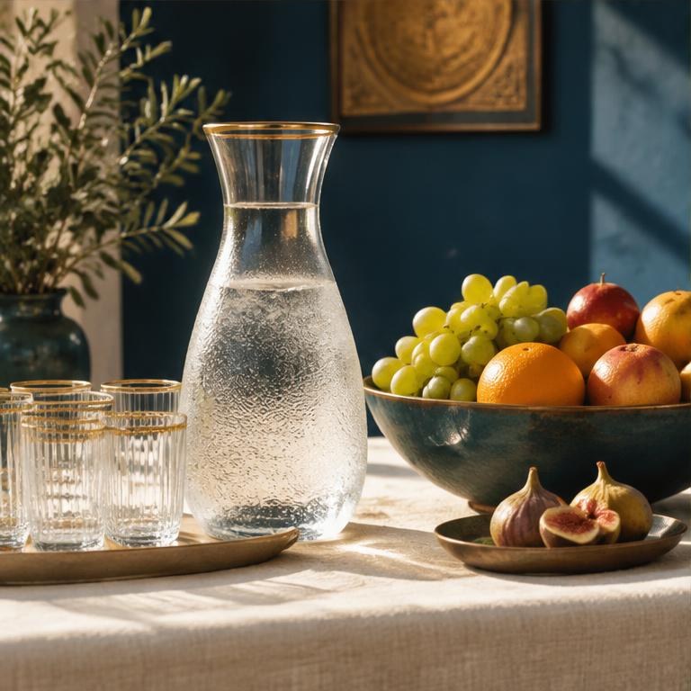 Fresh water and fruit in warm natural light