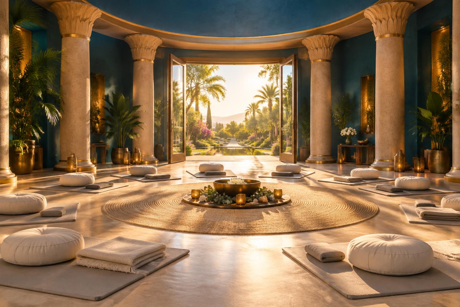 A serene meditation room filled with golden light, cushions, mats and blankets