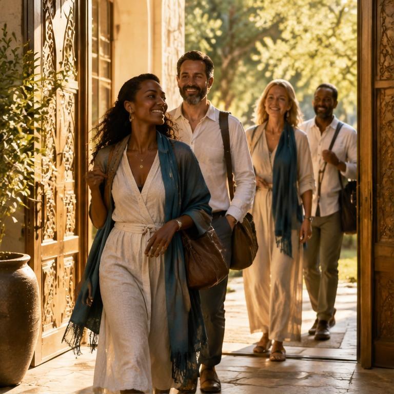 Adults arriving together at a welcoming workshop doorway
